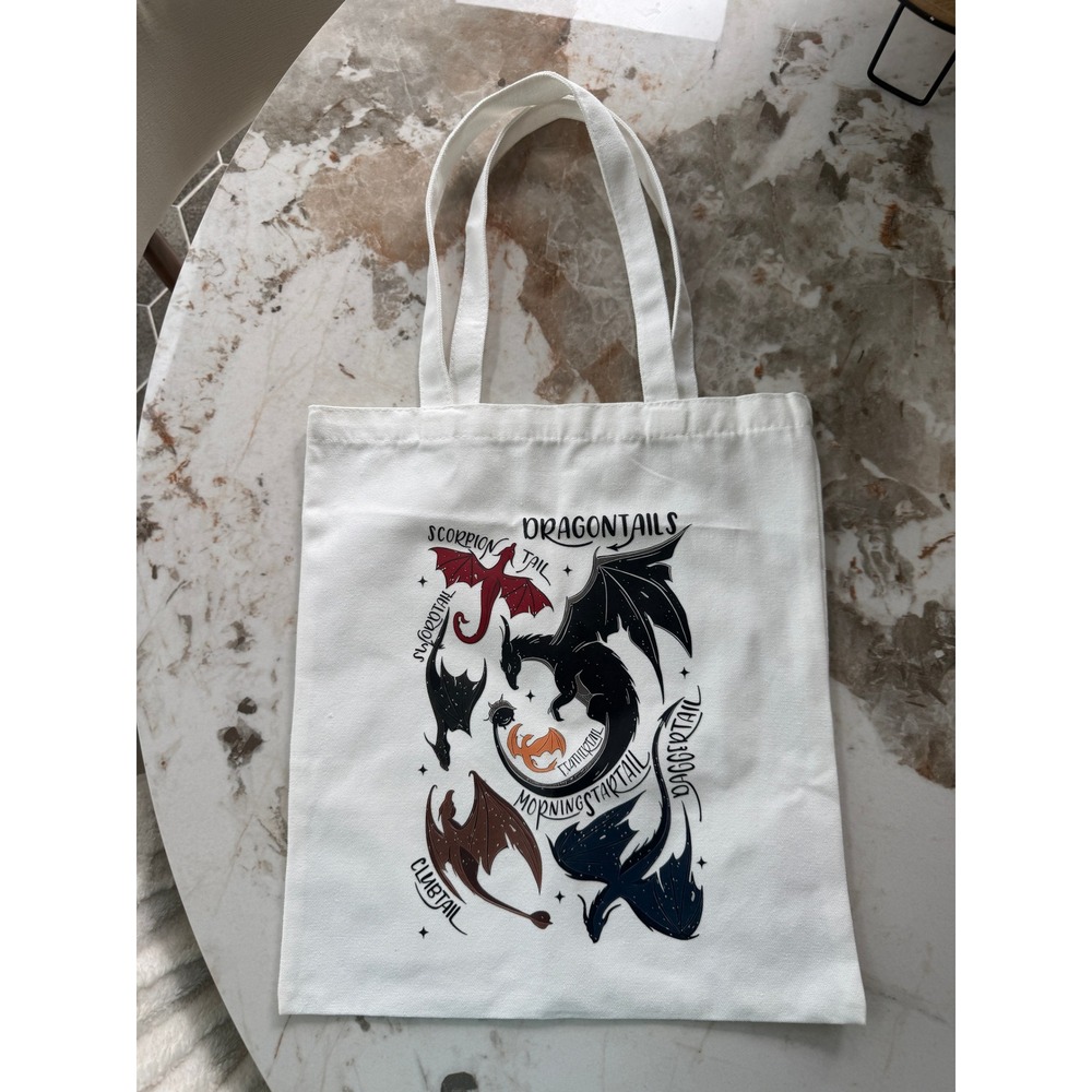 Dragontails Fantasy Graphic‎ Canvas Tote Bag Cream Mythical Dragon Art